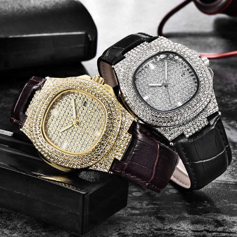 Mode Elegant Pu Läder Män Vintage Diamond Watch Bälte Quartz Watch