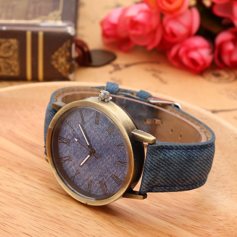 Mode Färgglada Rem Denim Pu-rem Casual Dial Herr Damklocka Quartz Watch