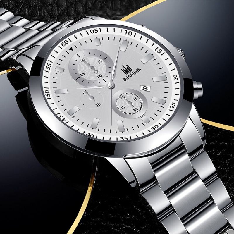 Mode Företag Mode Stålband Quartz Watch Three-eye Calendar Herr Watch