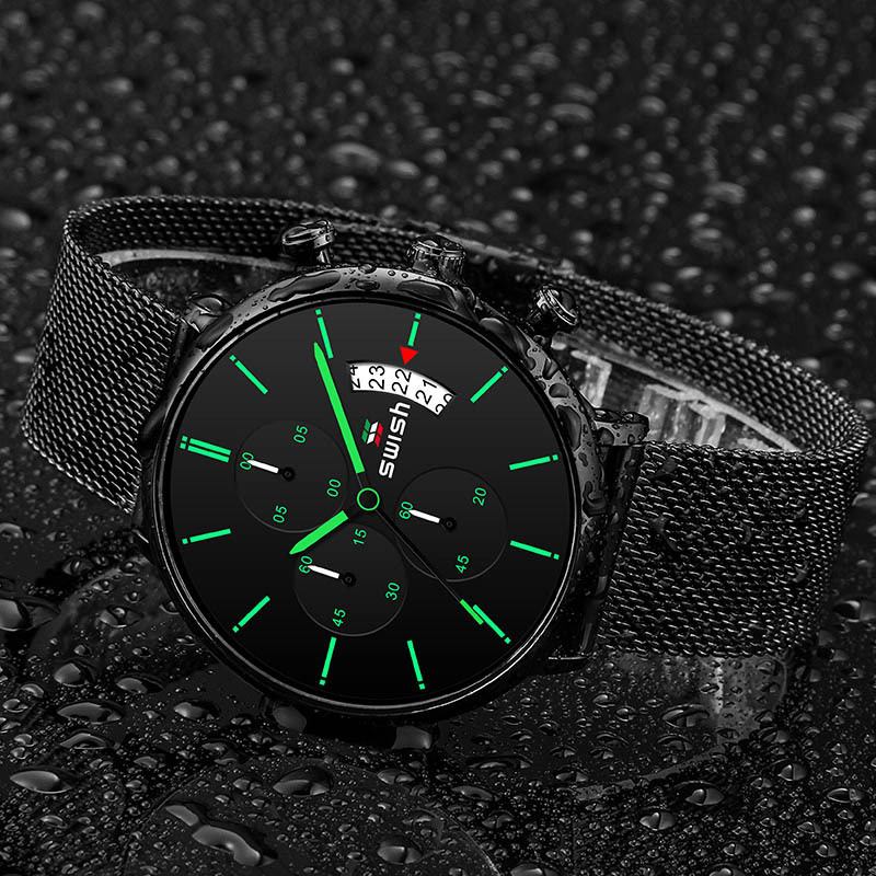 Mode Herrklocka 3atm Vattentät Chronograph Hardlex Mirrors Dial Quartz Watch