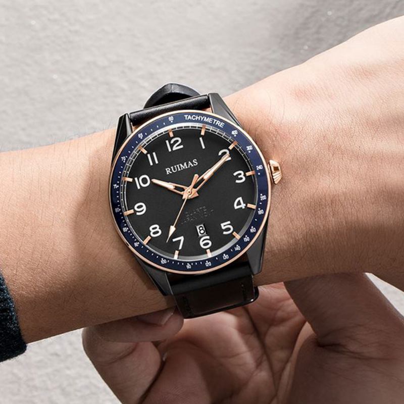Mode Herrklocka 3atm Vattentät Lysande Datumvisning Läderrem Quartz Watch