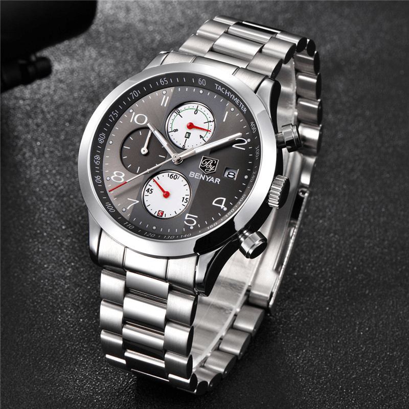 Mode Herrklocka Kronograf Vattentät Lysande Display Full Steel Quartz Watch
