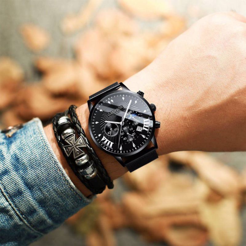 Mode Herrklocka Lysande Datumvisning Metallnätbälte Business Quartz Watch