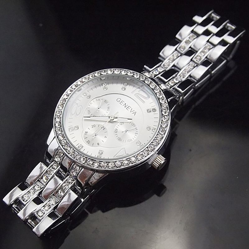 Mode Kristall Lyx Stort Antal Rostfritt Stål Band Män Kvinnor Quartz Watch