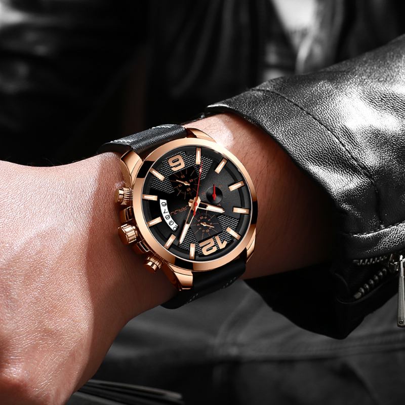 Mode Män Lysande Visa Kalender Kronograf Läderrem Quartz Watch