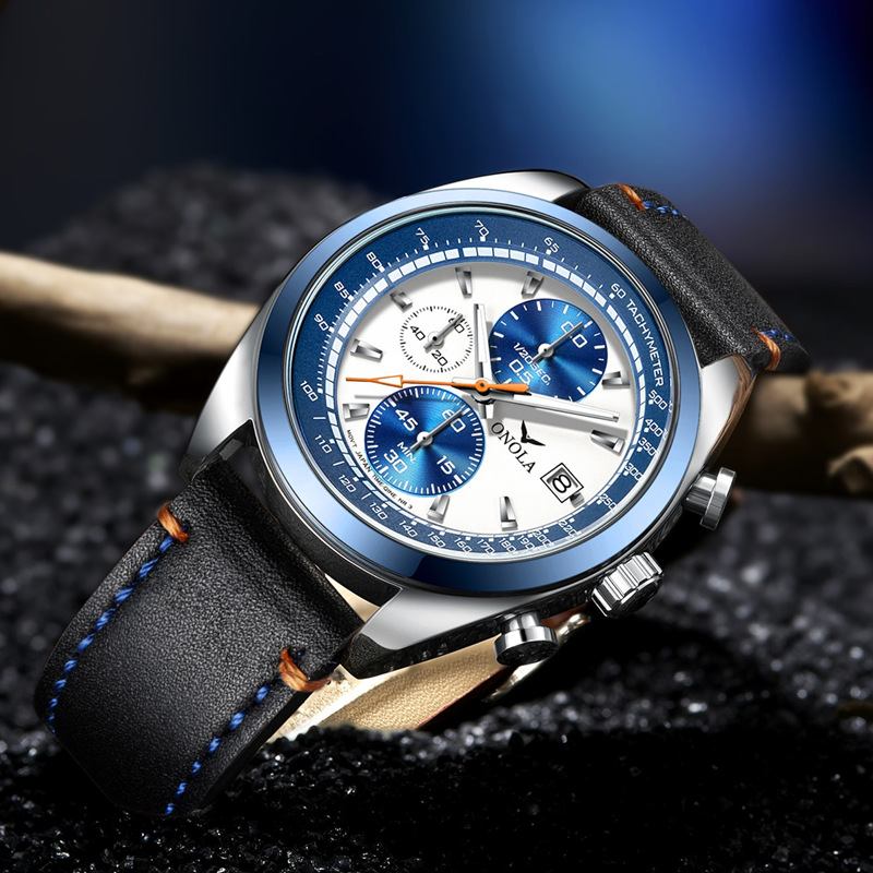 Mode Stoppur Kalender Display Herrklocka Vattentät Läderrem Quartz Watch