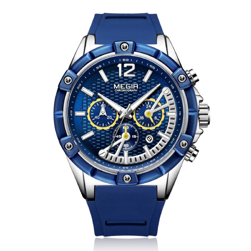 Modestil Kalender Lysande Kronograf Män Vattentät Silikonrem Quartz Watch
