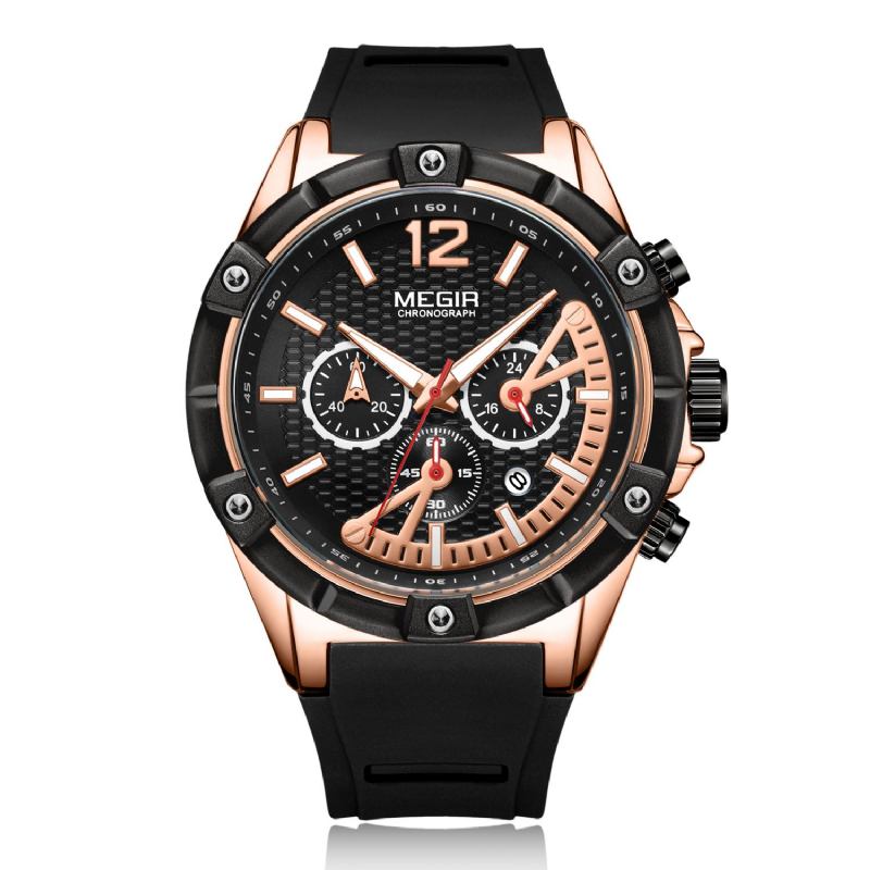 Modestil Kalender Lysande Kronograf Män Vattentät Silikonrem Quartz Watch