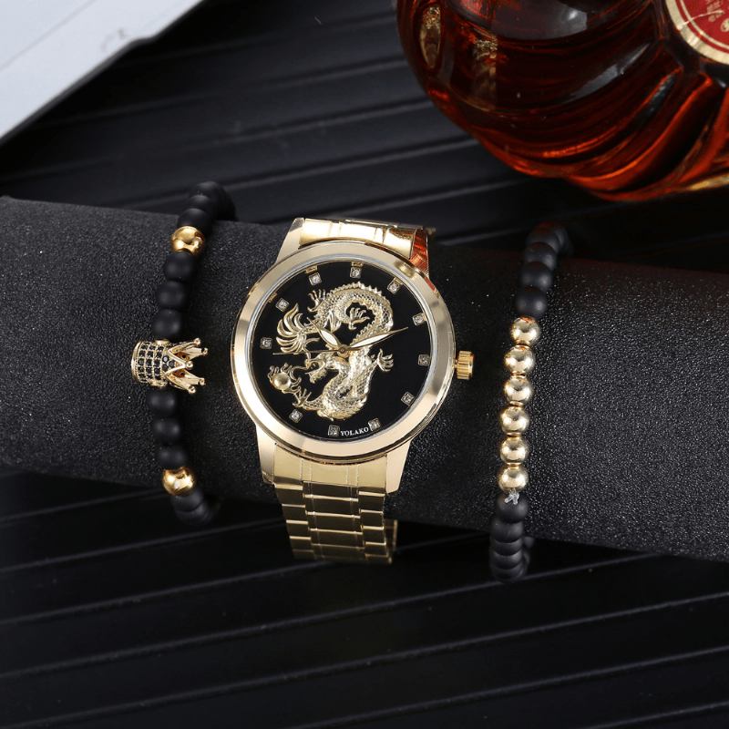 Rostfritt Stål Drakmönster Män Business Watch Dekorerad Pointer Quartz Watch Armband