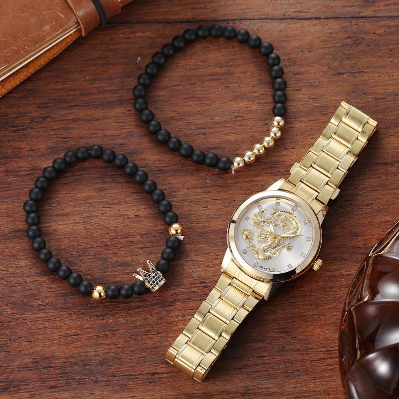 Rostfritt Stål Drakmönster Män Business Watch Dekorerad Pointer Quartz Watch Armband