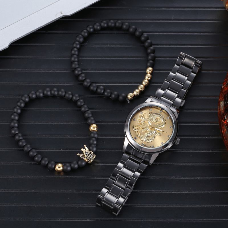 Rostfritt Stål Drakmönster Män Business Watch Dekorerad Pointer Quartz Watch Armband