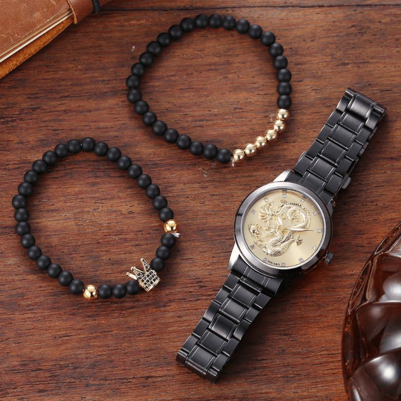 Rostfritt Stål Drakmönster Män Business Watch Dekorerad Pointer Quartz Watch Armband