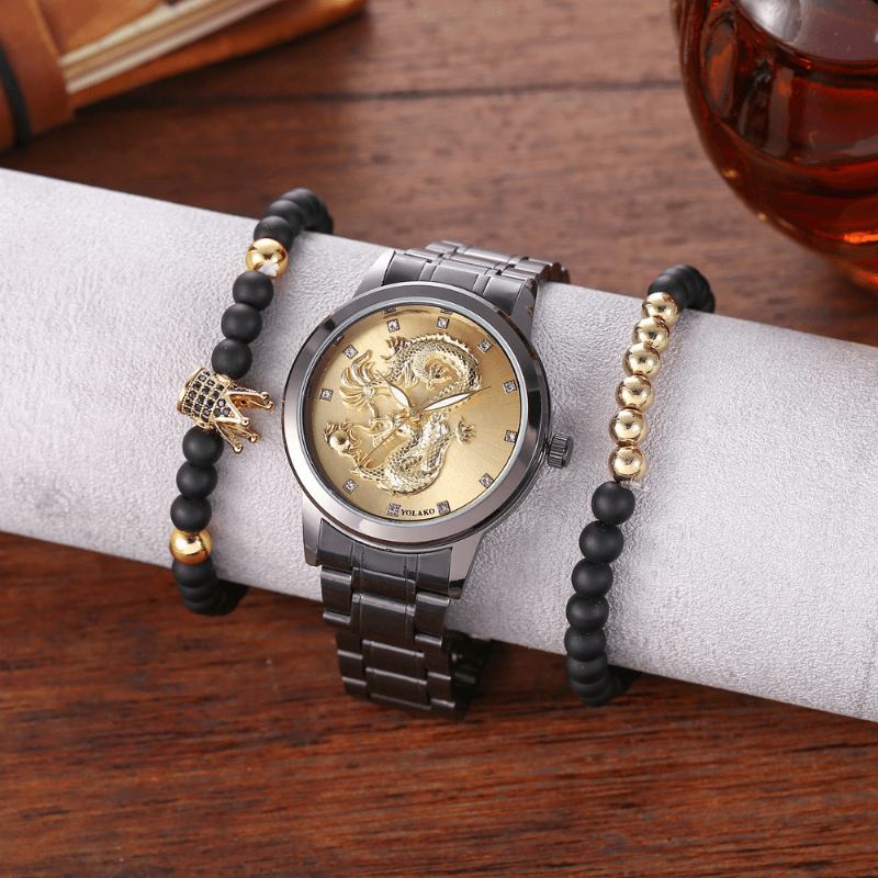 Rostfritt Stål Drakmönster Män Business Watch Dekorerad Pointer Quartz Watch Armband