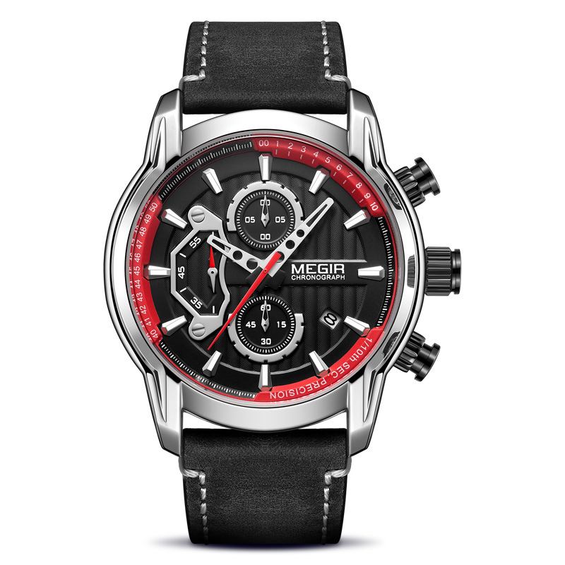 Sport Herrklocka Vattentät Självlysande Datumvisning Chronograph Läderrem Quartz Watch