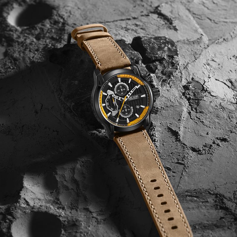 Sport Herrklocka Vattentät Självlysande Datumvisning Chronograph Läderrem Quartz Watch