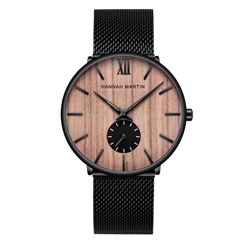Ultratunn Herraffärsklocka Ebenholts Korn Träurtavla Vattentät Rostfritt Stål Nätband Quartz Watch