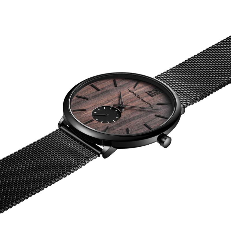 Ultratunn Herraffärsklocka Ebenholts Korn Träurtavla Vattentät Rostfritt Stål Nätband Quartz Watch