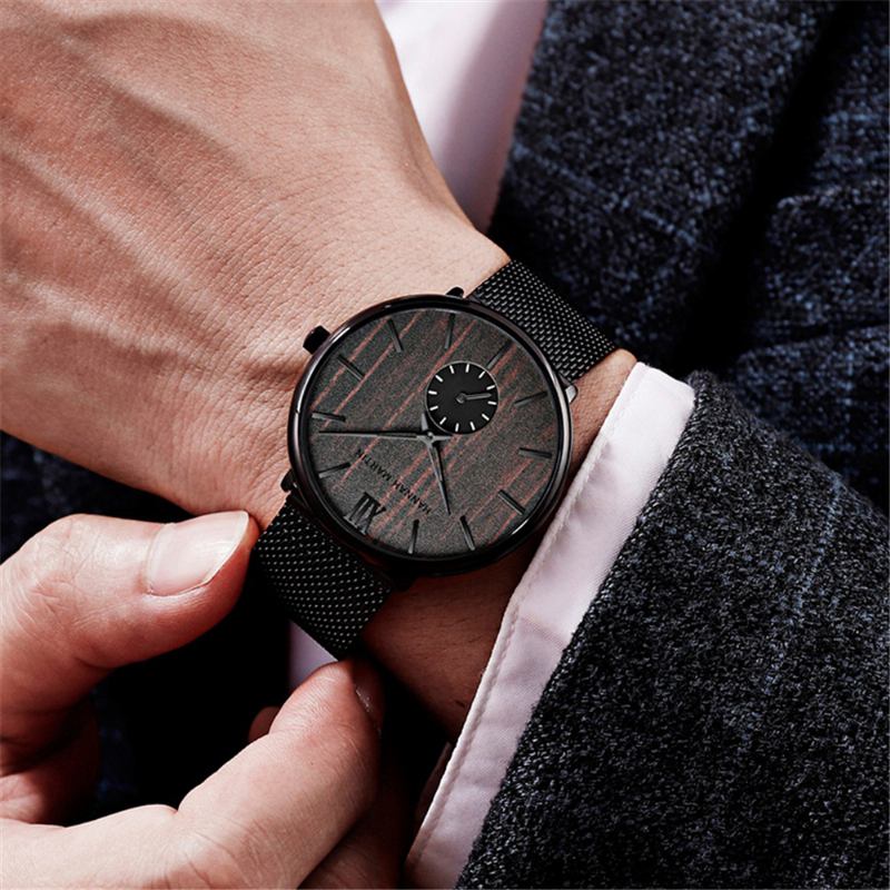 Ultratunn Herraffärsklocka Ebenholts Korn Träurtavla Vattentät Rostfritt Stål Nätband Quartz Watch