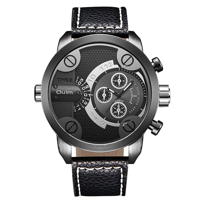 Vintage Herrklocka Stor Urtavla Dual Time Zone Läder Quartz Watch