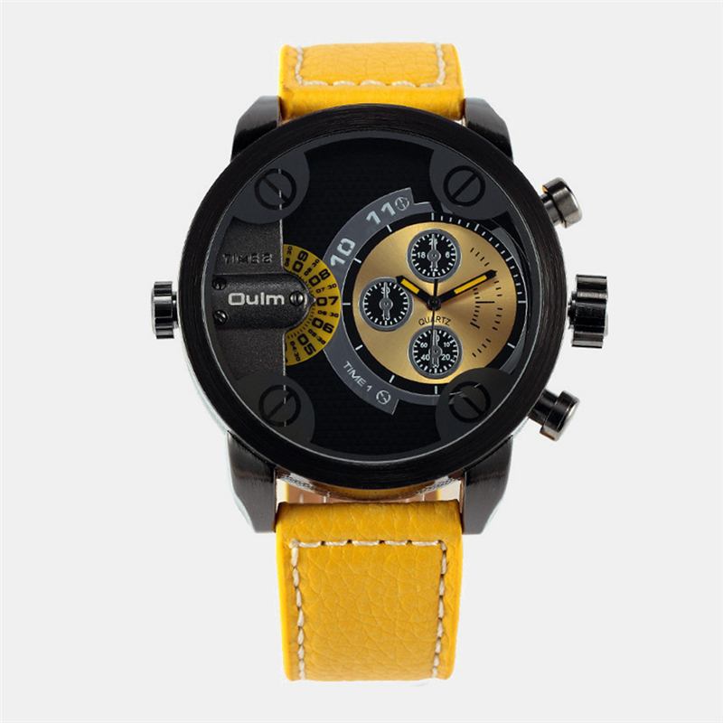 Vintage Herrklocka Stor Urtavla Dual Time Zone Läder Quartz Watch