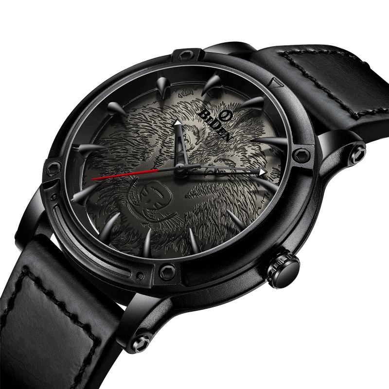 Wolf Dial Display Modeabla Män Armbandsur Analog Läderband Kvarts Klocka