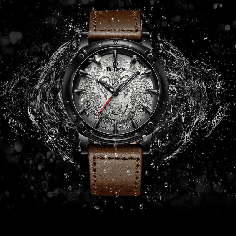 Wolf Dial Display Modeabla Män Armbandsur Analog Läderband Kvarts Klocka