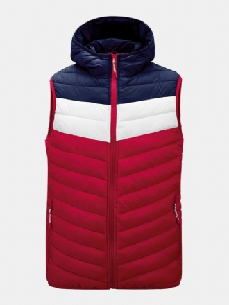 Män Patchwork Ärmlös Varm Dragkedja Hooded Vadderad Gilet-väst