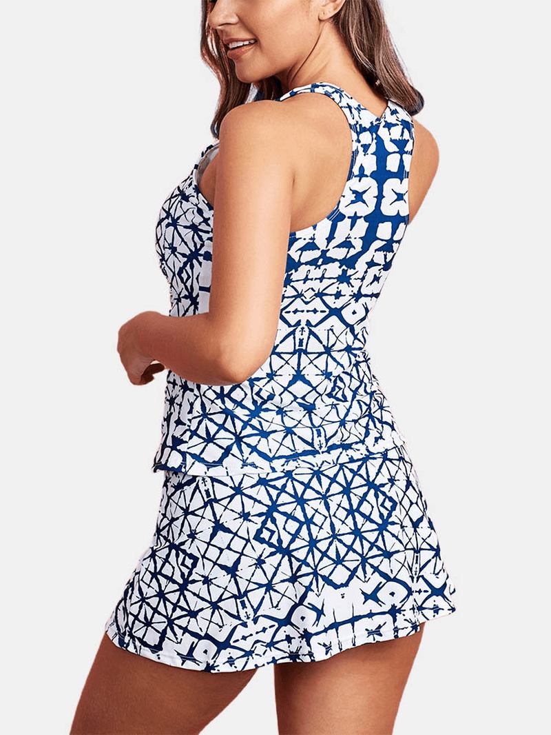 Abstrakta Geometriska Tryck Breda Axelremmar Summer Beach Blue Swimdress