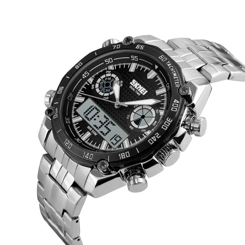 Dual Dsplay Digital Watch Herr Armband I Rostfritt Stål Luminous Alarm Outdoor Sport Watch