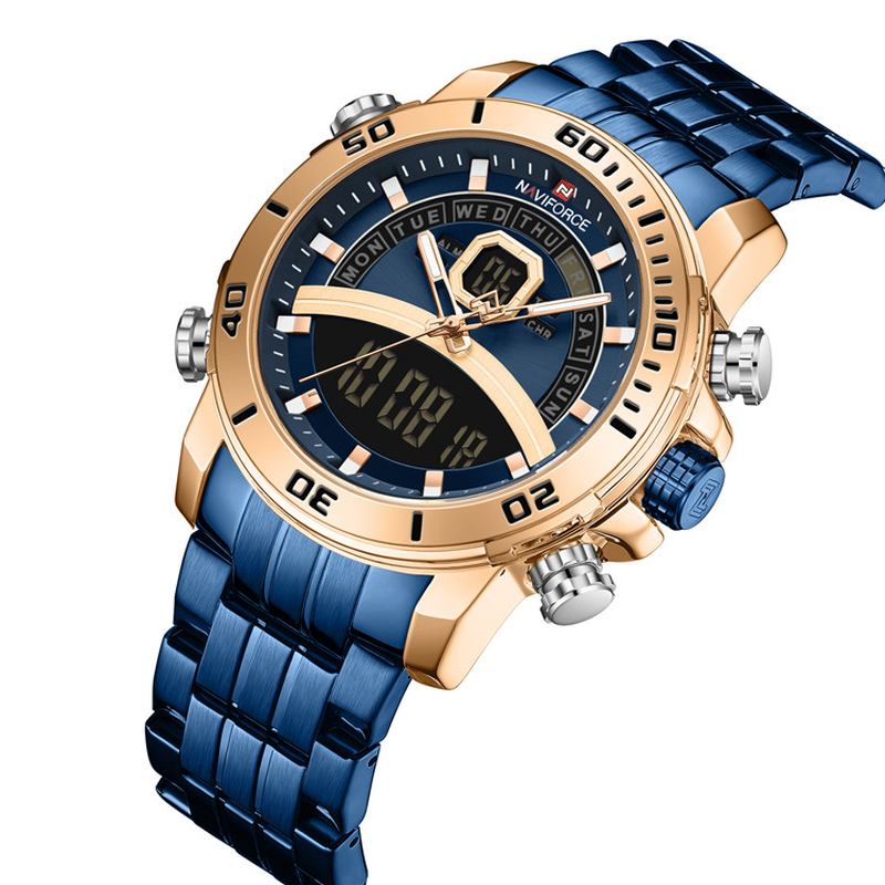Full Steel Dual Display Chronograph Herr Armbandsur Lysande Hand Quartz Watch