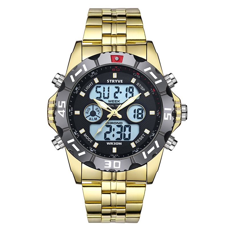Kronograf Alarmkalender Rostfritt Stål Sport Dual Display Digital Watch