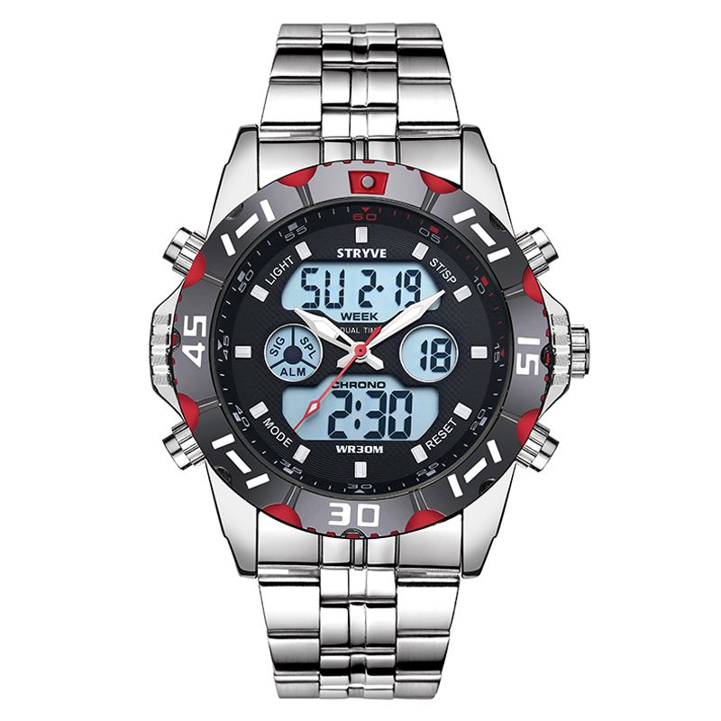 Kronograf Alarmkalender Rostfritt Stål Sport Dual Display Digital Watch