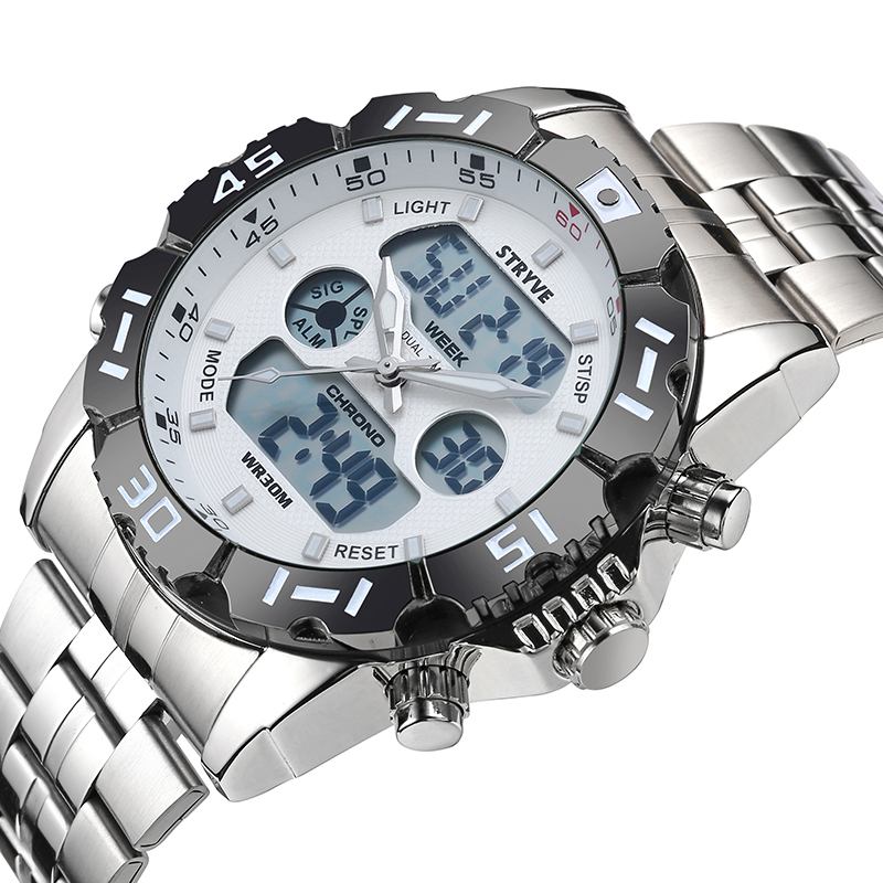 Kronograf Alarmkalender Rostfritt Stål Sport Dual Display Digital Watch