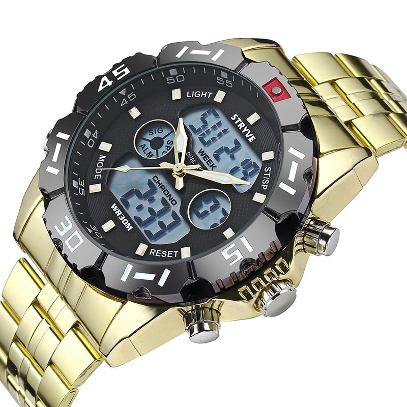 Kronograf Alarmkalender Rostfritt Stål Sport Dual Display Digital Watch