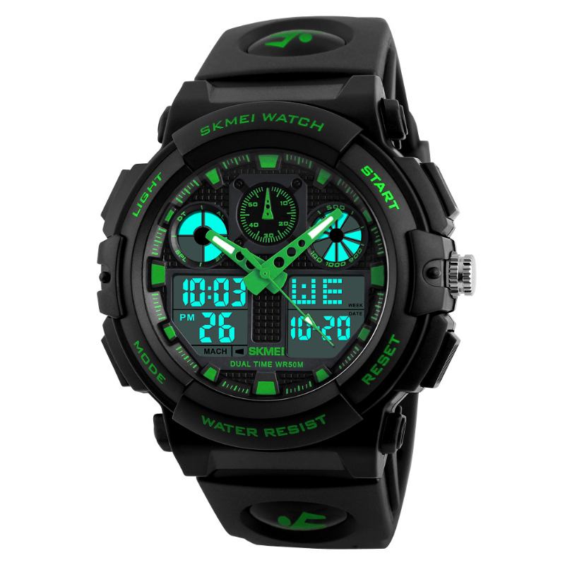 Män Sport Chorongraph 50m Vattentät Lysande Dual Display Digital Watch
