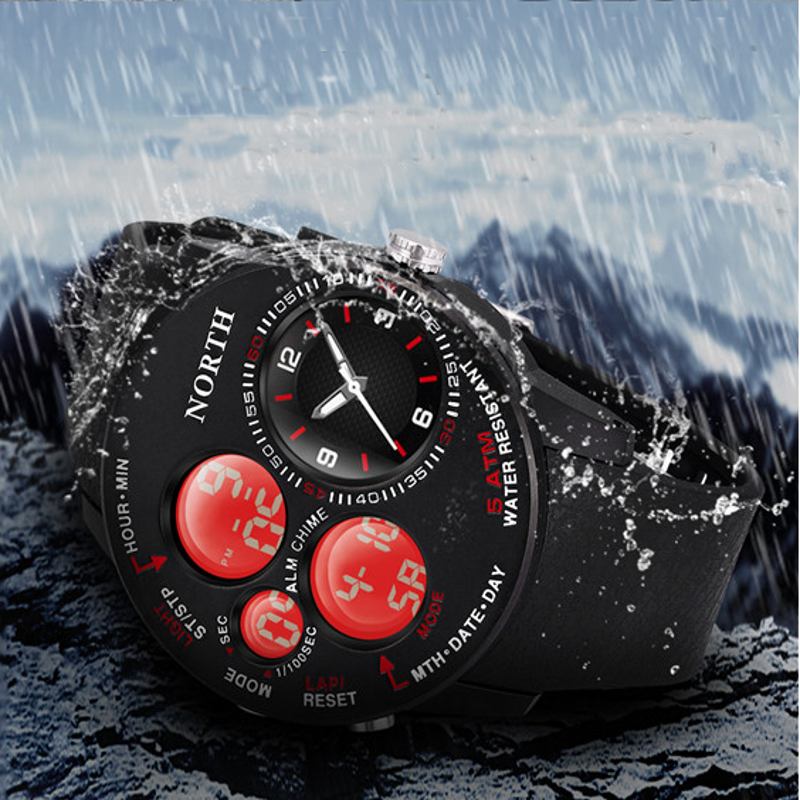 Mode Casual Män Digital Watch 5atm Vattentät Lysande Week Date Display Stoppur Dual Display Watch