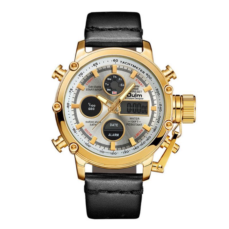 Vattentät Led-klocka Med Dubbla Skärmar Casual Style Äkta Läderarmband Quartz Watch