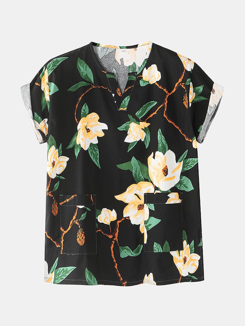 Blommigt Tryck För Män Med V-ringad Lös Bomull Kort Loungewear Med Ficka