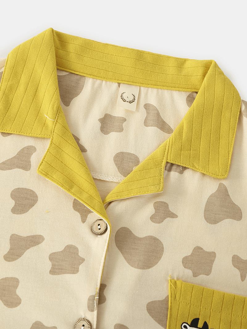 Dam Bomull Ko Mönster Camp Krage Elastisk Midja Ribbbyxor Tvådelad Pyjamas Set