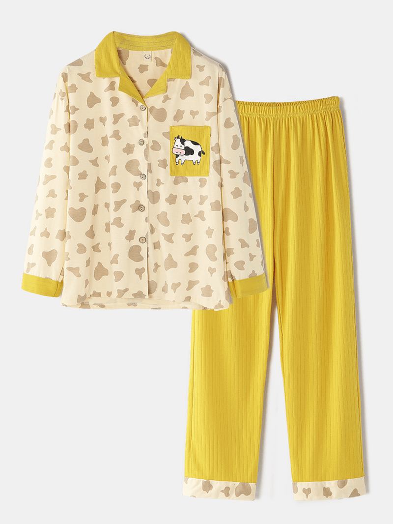Dam Bomull Ko Mönster Camp Krage Elastisk Midja Ribbbyxor Tvådelad Pyjamas Set
