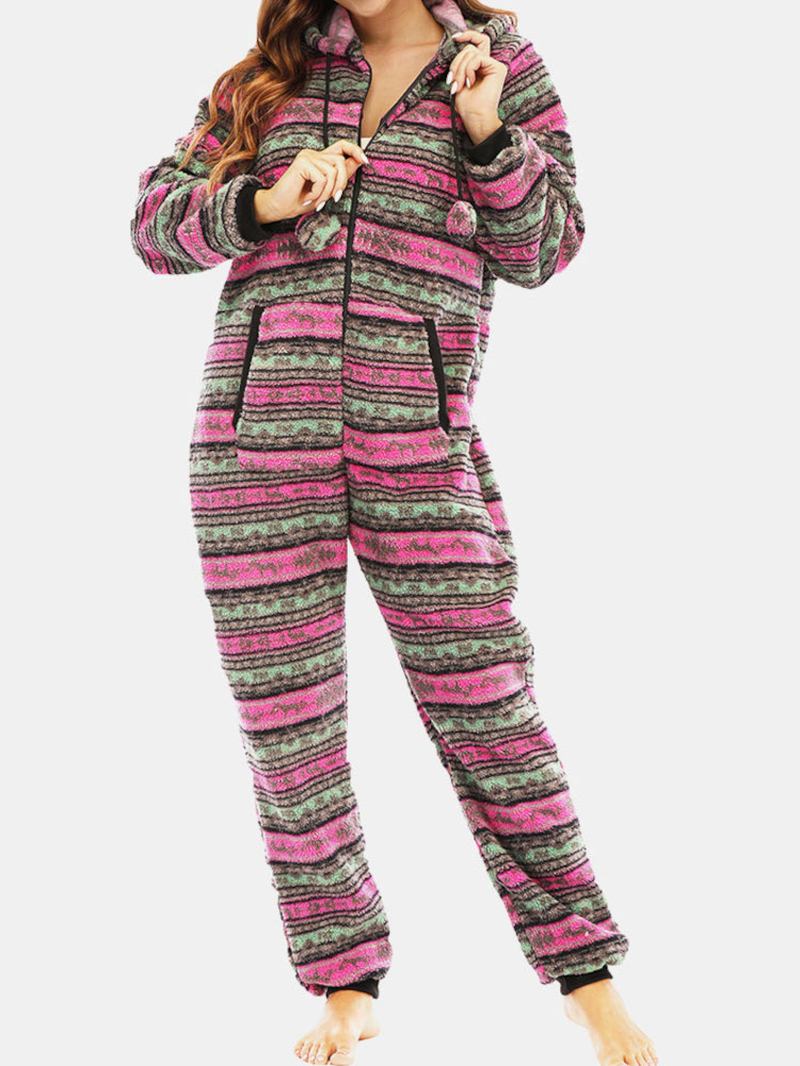 Dam Jul Fleece Randig Hem Dragsko Långärmad One Set Hooded Pyjamas