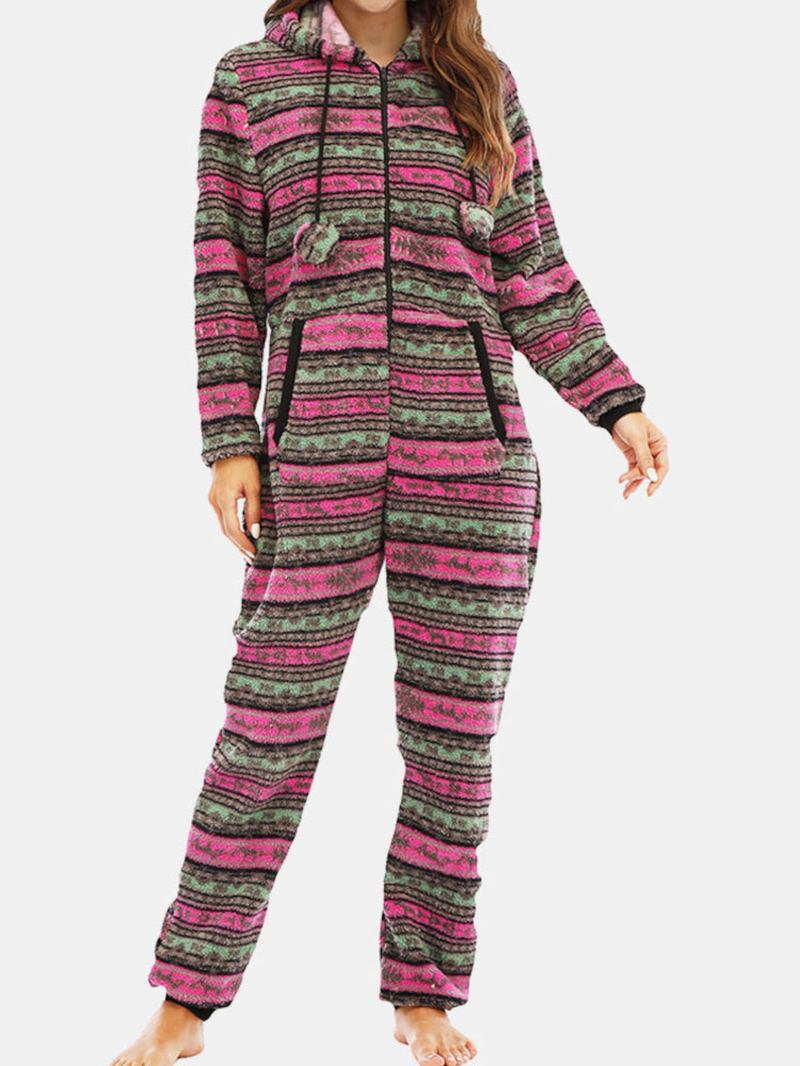 Dam Jul Fleece Randig Hem Dragsko Långärmad One Set Hooded Pyjamas