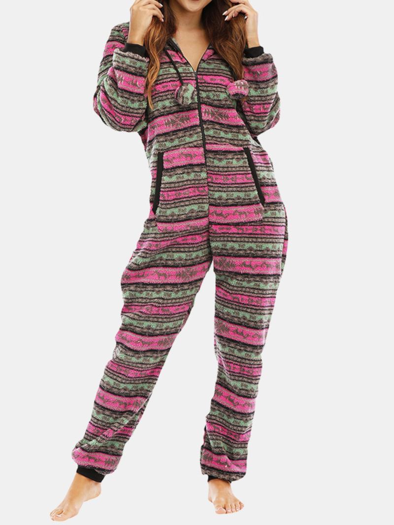 Dam Jul Fleece Randig Hem Dragsko Långärmad One Set Hooded Pyjamas