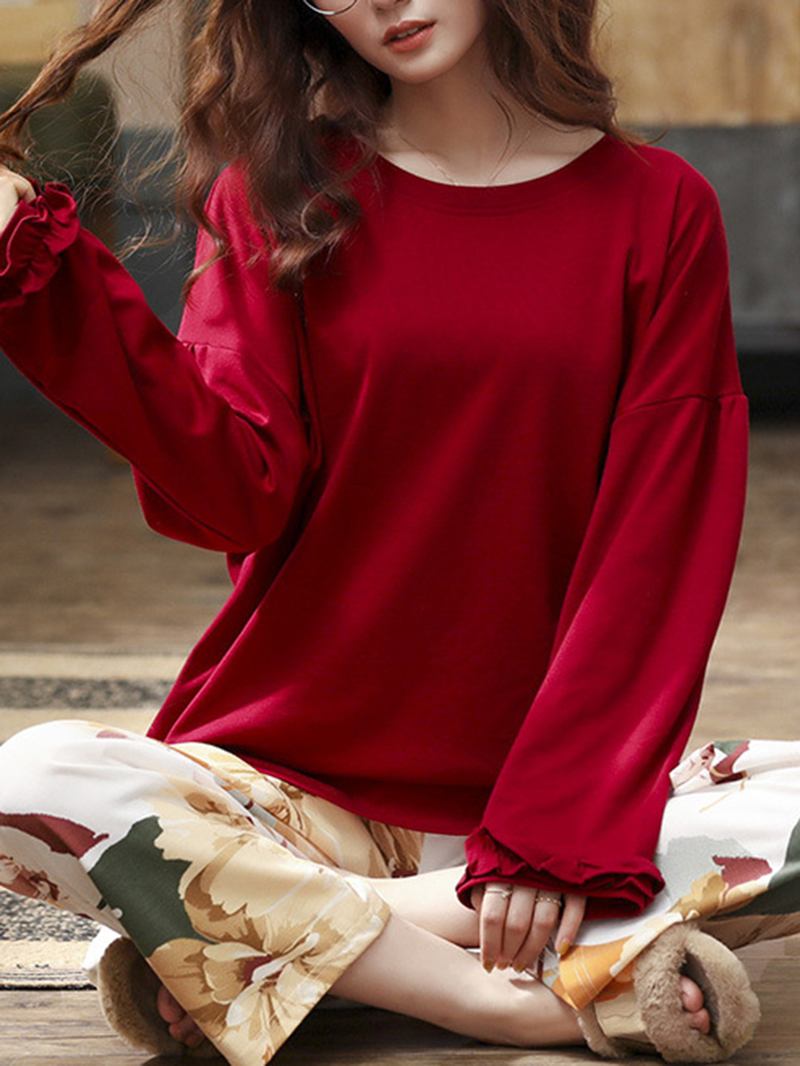 Dam Med Rund Hals Delad Fåll Långärmade Toppar Med Blommönster Elastisk Midjeficka Pyjamsset