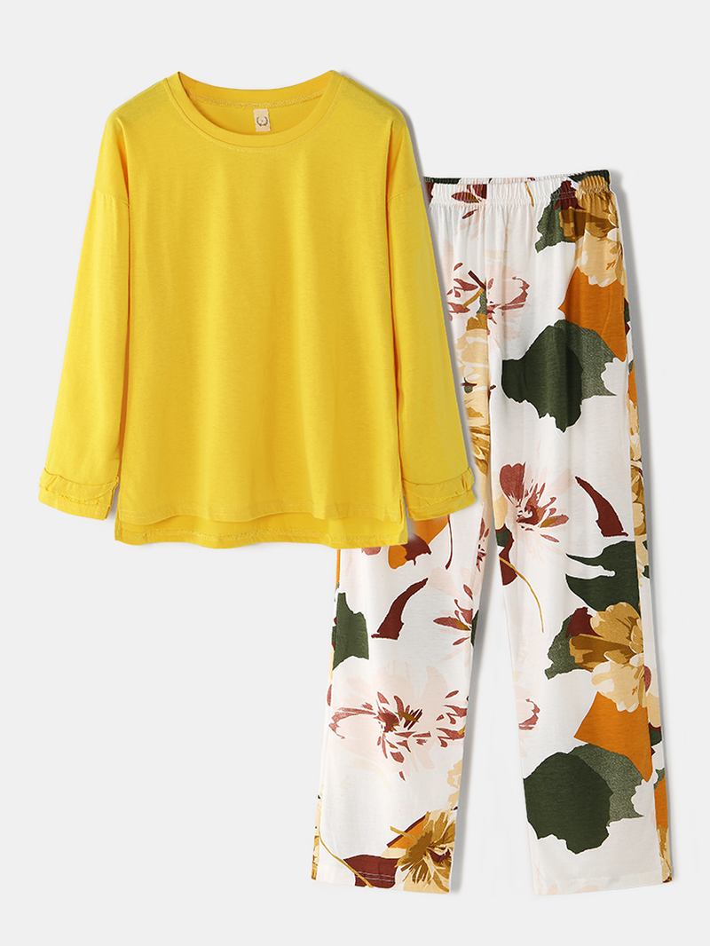 Dam Med Rund Hals Delad Fåll Långärmade Toppar Med Blommönster Elastisk Midjeficka Pyjamsset
