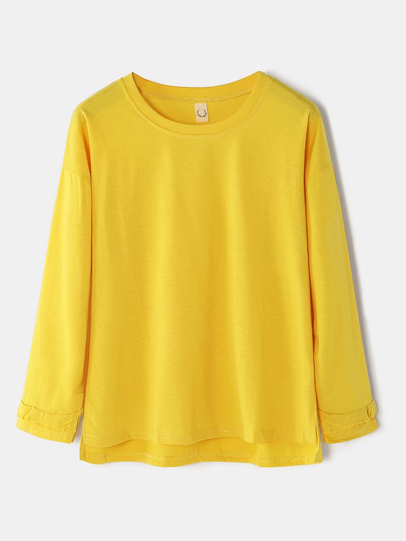 Dam Med Rund Hals Delad Fåll Långärmade Toppar Med Blommönster Elastisk Midjeficka Pyjamsset