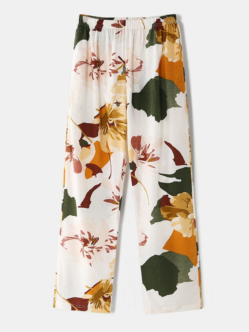 Dam Med Rund Hals Delad Fåll Långärmade Toppar Med Blommönster Elastisk Midjeficka Pyjamsset
