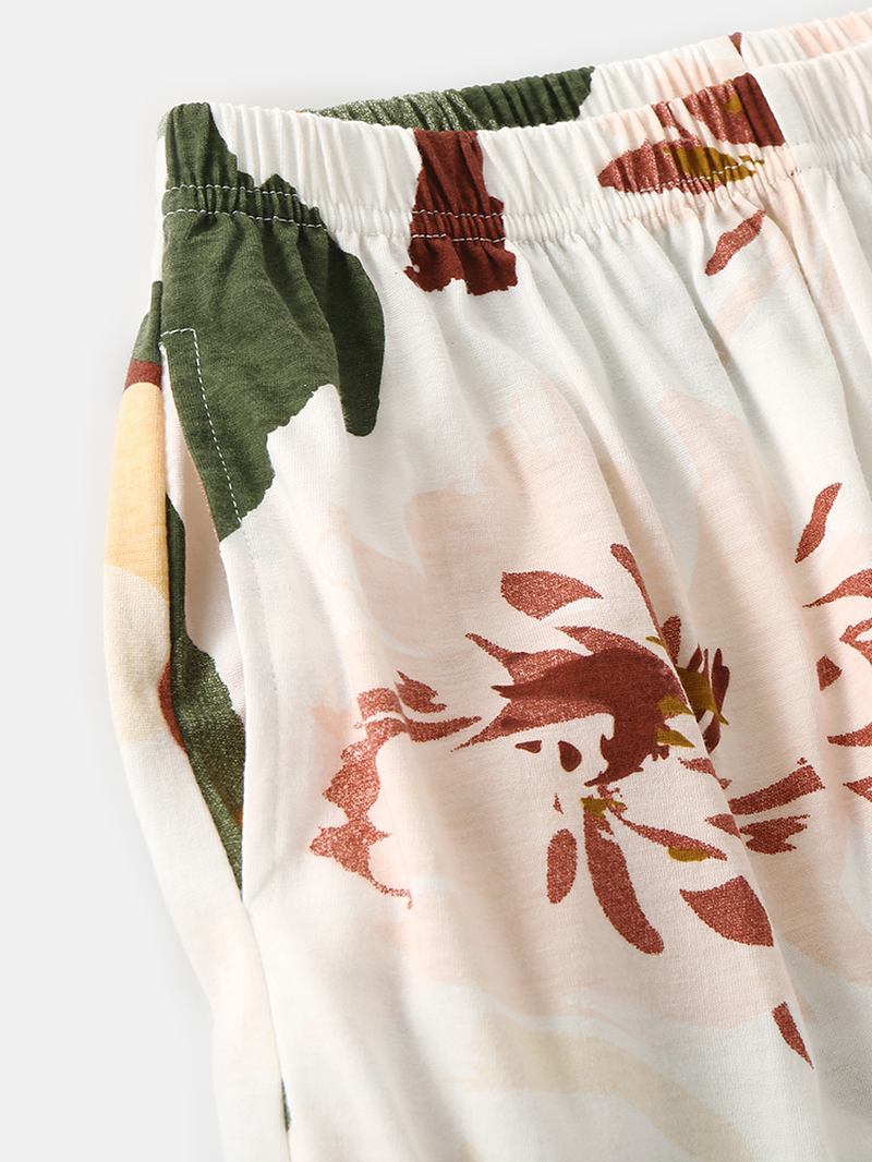 Dam Med Rund Hals Delad Fåll Långärmade Toppar Med Blommönster Elastisk Midjeficka Pyjamsset