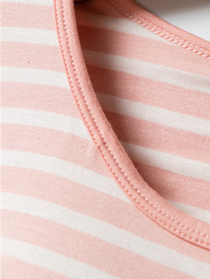 Dam Stripe Bröstkuddar Kortärmad Top Dragsko Lös Byxor Hem Modal Pyjamas Set
