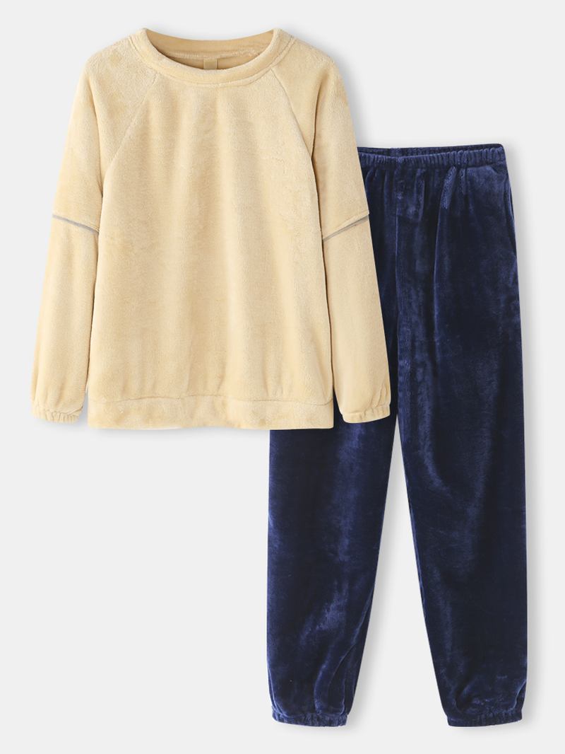 Damer Enfärgade Raglan Ärmar Coral Fleece Pocket Warm Home Pyjamas Set
